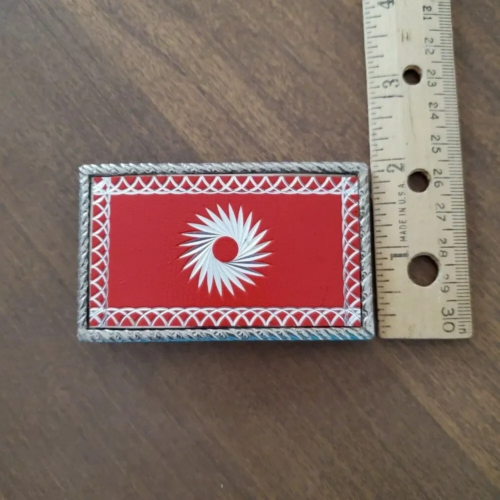Western MCM SunBurst Belt Buckle Red Silver Tone Swirl Laser Etched